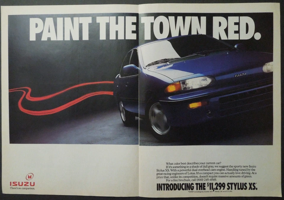 ISUZU Stylus XS 1990 coche deportivo "Paint The Town Red" anuncio de revista de 2 páginas Foto 1 de 1