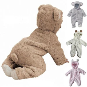Newborn Baby Boys Girls Bear Hooded Romper Jumpsuit Bodysuit Winter Kids Clothes - Picture 1 of 16