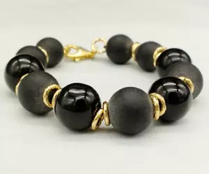 bracciale da donna onice e agata nera a sfere argento 925 catena dorata - Foto 1 di 7