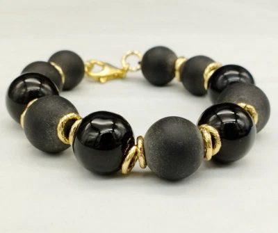 Pulsera de Mujer Ónix Y Ágata Negro de Bolas Plata 925 Cadena Dorado - Imagen 1 de 4