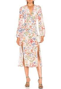RIXO Midi Dress Camellia Floral Print Pleated Silk Sz Large Long Sleeve V-Neck - Picture 1 of 18