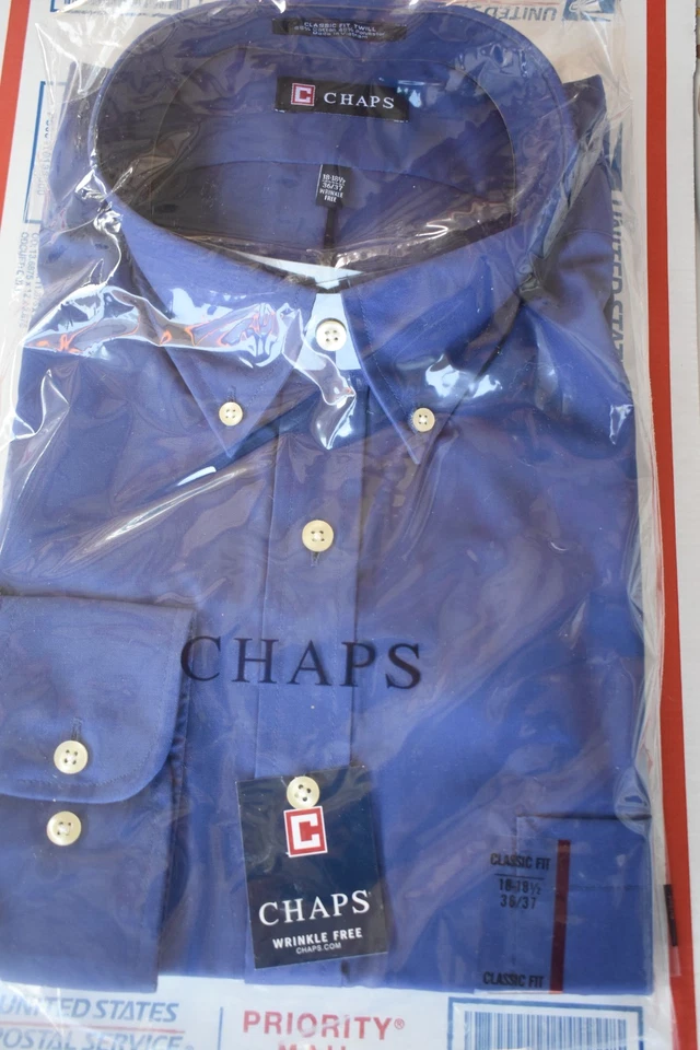 CHAPS Classic Fit Dress Shirt Blue/Purple Plaid 18-18 1/2 36/37 Wrinkle