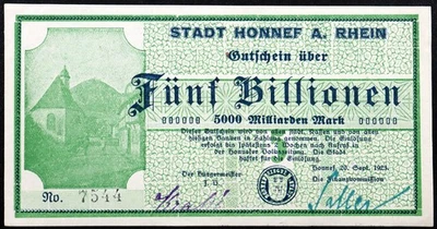 HONNEF 1923 XX-RARE 5 TRILLION MARK! Inflation Notgeld Banknote - Image 1 of 2