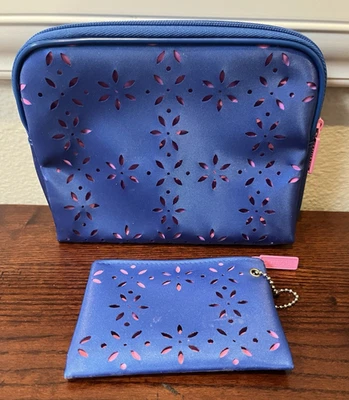 CLINIQUE VINTAGE Azul con Rosa Corte Láser Maquillaje Cosmético + Bolsa para Monedas Juego de 2 Piezas Foto 1 de 4