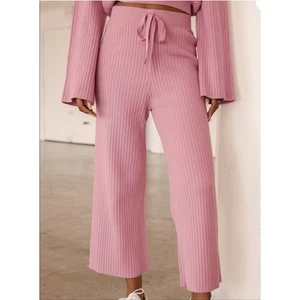 Lulus Snuggly Style Mauve Rosa Rippstrick Hose Weites Bein High Waist Gr. M - Bild 1 von 9