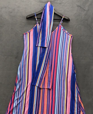 Maxi Dress Size M Stripe & Scarf Adjustable Spaghetti Strap V-Neck Pockets - Image 1 of 4