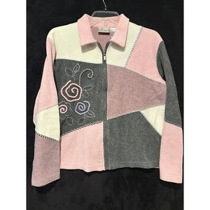 Napa Valley Petites Fleecejacke Blumen bestickt Patchwork rosa grau L - Bild 1 von 7