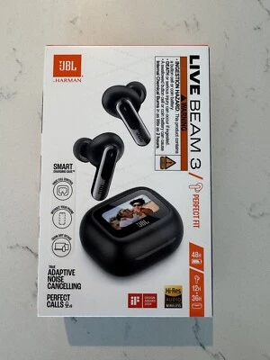 New JBL Live Beam 3 wireless noise-cancelling earbuds ANC Black Charging Case - Image 1 of 3