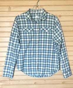 Rabbit Running Light Flannel Blue Yellow Plaid Snap Up Casual Shirt Women's M - Picture 1 of 9