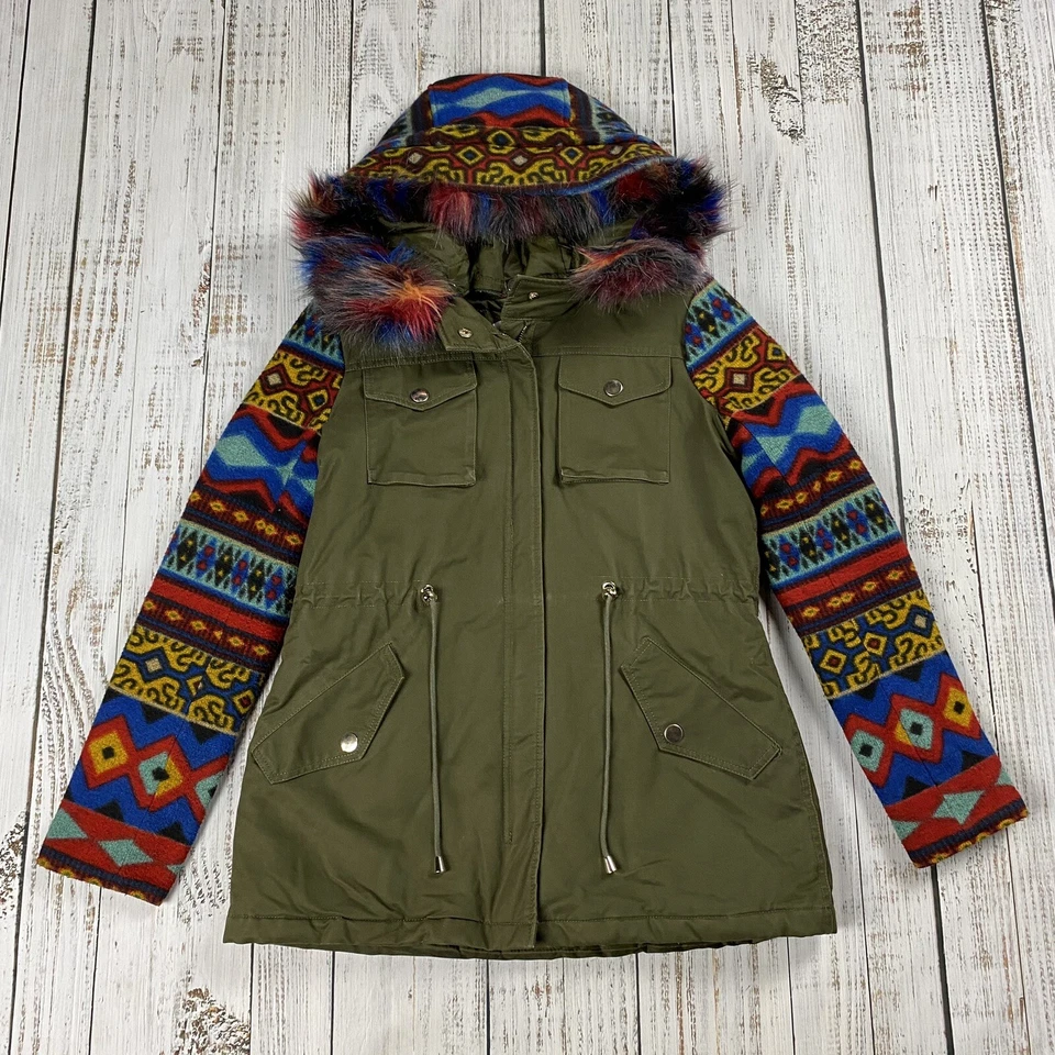 NUEVA YORK & CO MUJER XS CHAQUETA ACOLCHADA CON CAPUCHA AISLANTE LANA AZTECA BRAZOS PIEL SINTÉTICA Foto 1 de 4