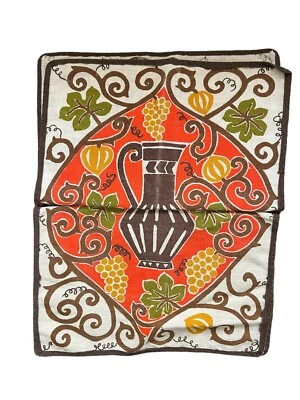 Vintage MCM Brown Orange Green Linen Cloth Napkins Set Of 2 Grecian Grapes - Image 1 of 4