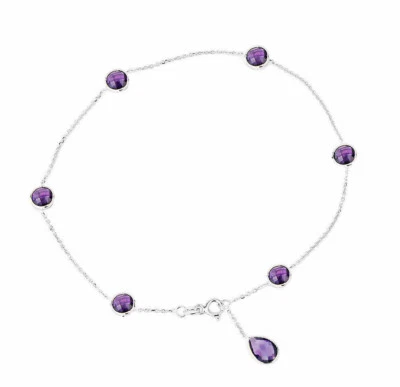 Pulsera tobillera de oro blanco de 14K con amatistas y gota en forma de pera de 10 pulgadas Foto 1 de 2