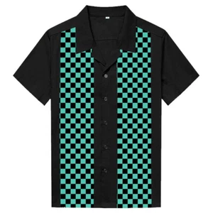 Mens Rockabilly Shirt Mosaic Print Retro Style Twill Short Sleeve Bowling Shirt - Picture 1 of 5
