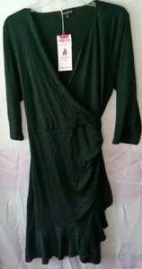 Womans Faux Wrap Dress Ruffle Hem Belted 3/4 Sleeve Green Size XL - Picture 1 of 7