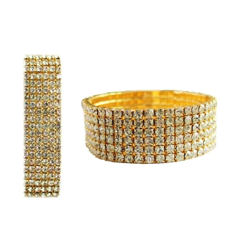 Brazalete Brazalete Elástico 6 Filas Novia Cristal Estrás Tono Oro o Plata / 2838 Foto 1 de 1