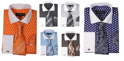 Men's 100% Cotton Polka Dot Dress Shirts Spread Collar French Cuffs MS613 - Image 1 of 2