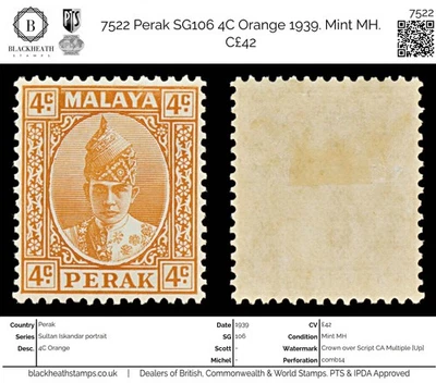 7522 Perak SG107 4C Naranja 1939. Sc#86 Mi60. Como nuevo MH. C£42 Foto 1 de 4