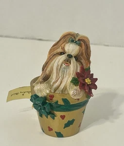 Danbury Mint Shih Tzu Christmas Ornament I Dig Christmas Dog In  Poinsettia  - Picture 1 of 7