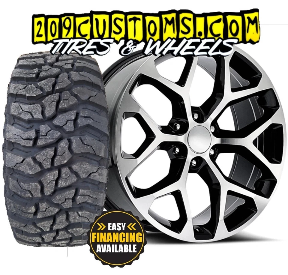 4 WHEELS & TIRES 22" SNOWFLAKES REPLICAS 22X9 6X139.7 +24 BLACK MACHINED - Image 1 of 1