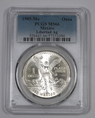 1985-Mo Mexico Libertad 1oz .999 Silver Onza PCGS MS66 - Image 1 of 2