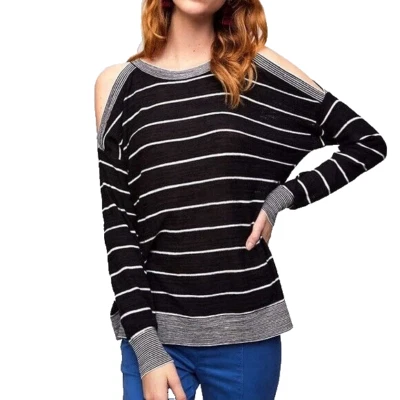 Suéter Loft S Para Mujer Negro Blanco Rayas Hombro Frío Ligero  Foto 1 de 4