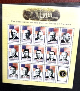 Presidenti degli Stati Uniti Harding - Clinton - Riquadro di 15 francobolli ~ MNH ~ $6 Liberia 2000 - Foto 1 di 2