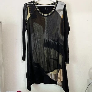 Stella Carakasi Sheer Asymmetrical Tunic Dress Large Abstract Black/Gray Artsy - Picture 1 of 14