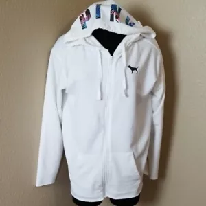 Victorias Secret Pink White Zip Front Hoodie Size Medium M - Picture 1 of 7