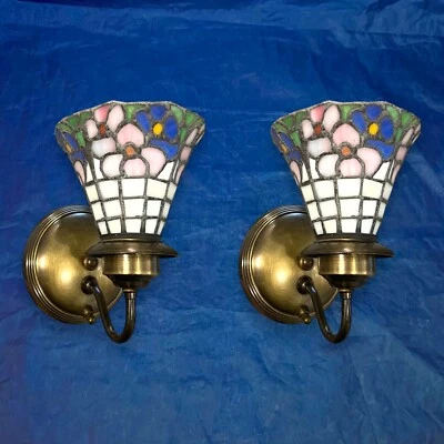 Pair Antique Brass Fixtures Rare Stained Glass Shades 32i - Image 1 of 4