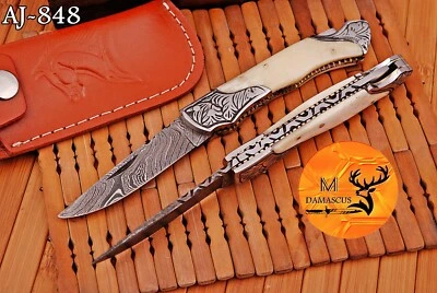 NAVAJA DE BOLSILLO PLEGABLE DE ACERO DAMASCO FORJADO HECHA A MANO PERSONALIZADA MANGO DE HUESO DE CAMELLO 848 Foto 1 de 4