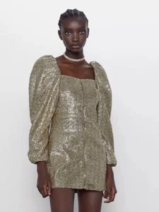 ZARA GOLD SEQUIN ZIP UP DRESS PUFF SLEEVES SIZE XS PARTY Festive New Years Nye - Picture 1 of 9