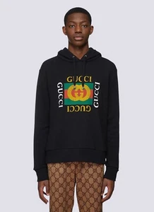 Gucci GG Front Logo Monogram Cotton Distressed Hoodie Sweatshirt Black Size L - Picture 1 of 18
