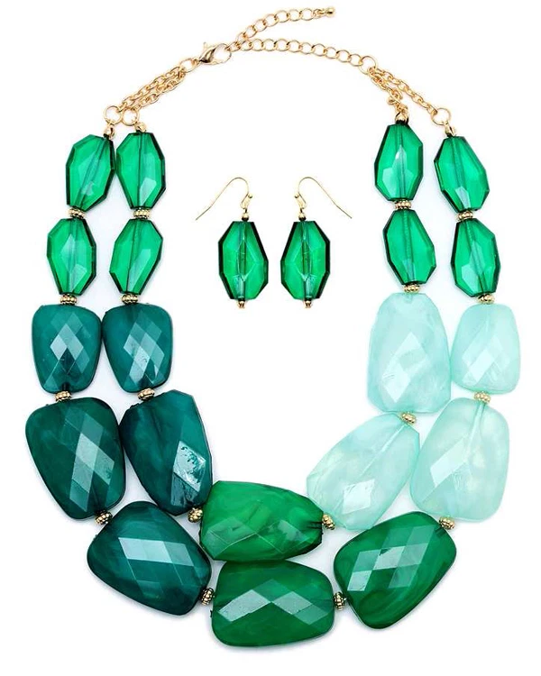 CHUNKY Multi Acrílico Piedra Tres Tonos de Verde Doble Collar Set Foto 1 de 1