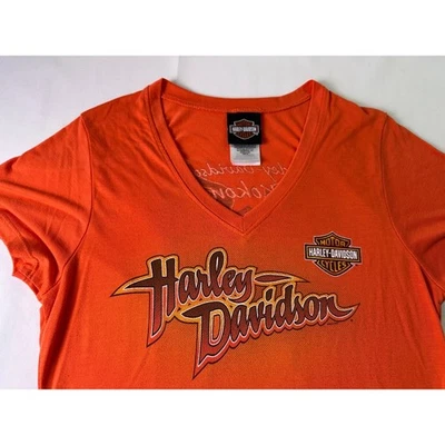 Camiseta Harley Davidson Naranja Cuello en V Para Mujer Mediana Kokomo IN Gráfico Camiseta Foto 1 de 4