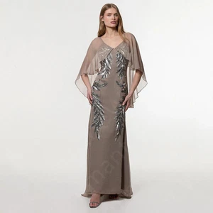 Individuelles klassisches taupe Abendkleid mit Cape Abschlussball Partykleider V-Ausschnitt Hochzeit - Bild 1 von 13