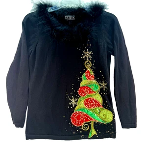 Berek Vintage Black Christmas Tree Sweater Sequin & Feather Trim Women’s Small - Picture 1 of 7