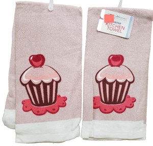 Set of 2 Same Thin Cotton Kitchen Towels (15"x25") CUPCAKE WITH CHERRY ON TOP,AM - Picture 1 of 8