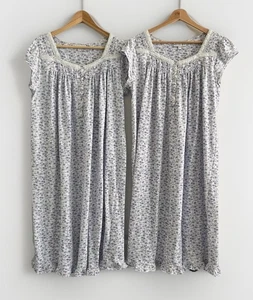 Eileen West Set 2 Nachthemden 100% Baumwolle Strick blau weiß Blumen Flügelärmel L - Bild 1 von 16