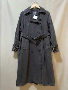 NWT ZARA Women Notched Lapel Raglan Sleeve Belted Denim Trench Coat Size S Black - Picture 1 of 21