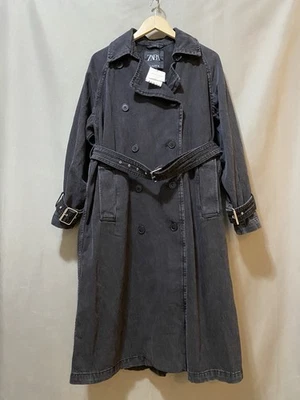 NWT ZARA Women Notched Lapel Raglan Sleeve Belted Denim Trench Coat Size S Black - Image 1 of 4