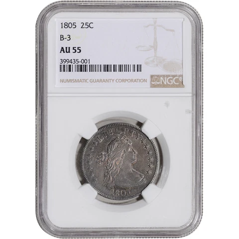 1805 US Draped Bust Silver Quarter 25C - NGC AU55  B-3 Cover