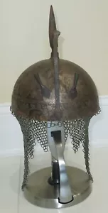 MARKED RARE VINTAGE ORNATE INLAID PERSIAN METAL HELMET WITH METAL MESH - Picture 1 of 12