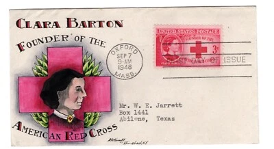 #967 Clara Barton Dorothy Knapp Hand Painted Cachet 1948 FDC Unique 1/1 on Bert - Image 1 of 2