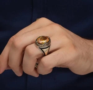 Anillo Hombre Plata 925 con Piedra Citrino Ovalada y Grabado Personalizado Regalo - Imagen 1 de 6