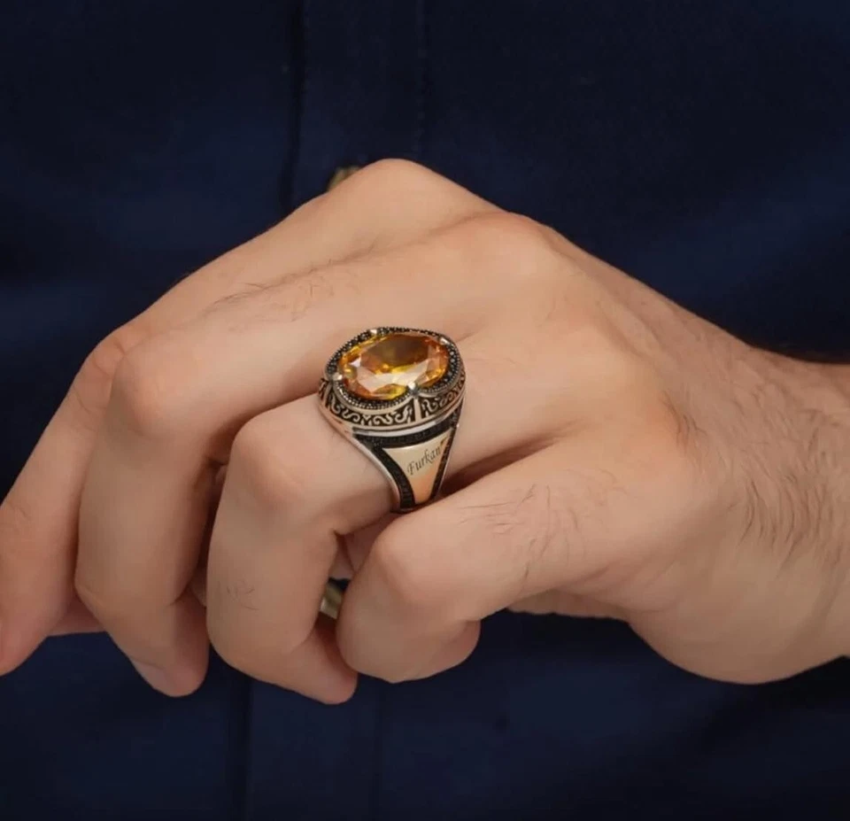 Herrenring 925 Silber mit ovalem Citrin stein und individueller Gravur Geschenk - Bild 1 von 4