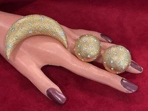 RARE CHRISTIAN DIOR CRESCENT JEWELED MOON BROOCH MATCH CLIP EARRINGS - Picture 1 of 10