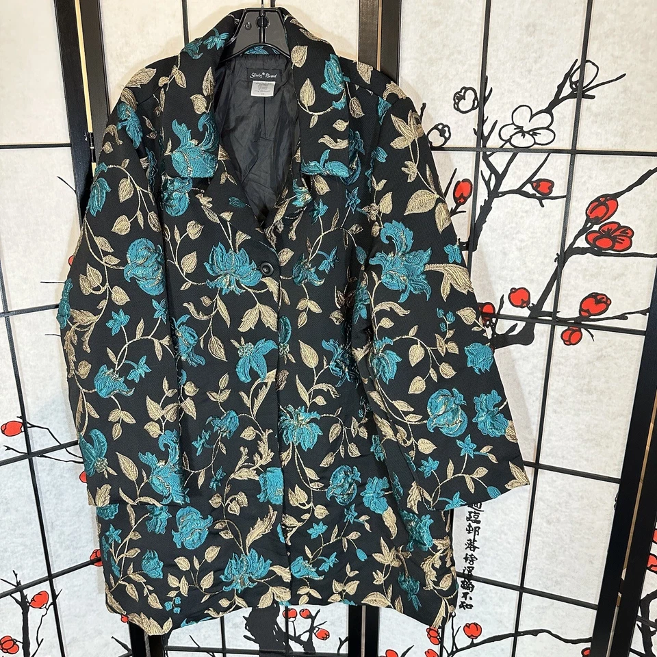 Abrigo Chaqueta Larga Slinky Marca Talla 2x Negro Dorado Azul Floral Bordado Foto 1 de 4