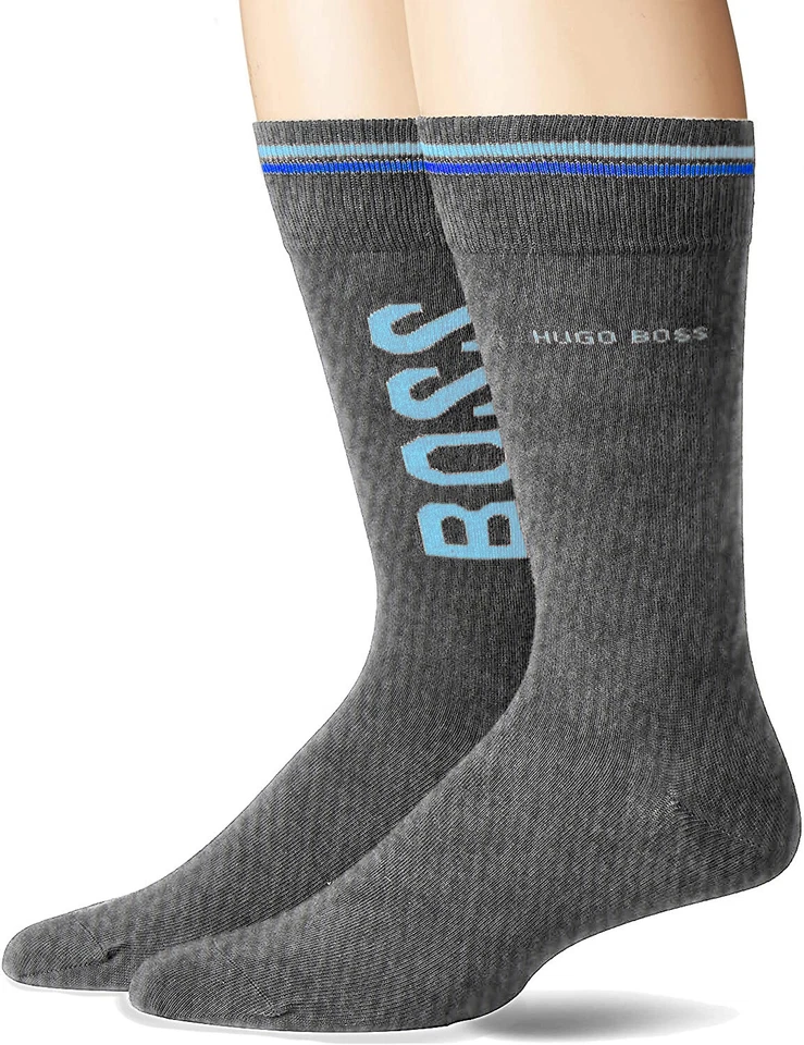 Hugo Boss Men's Grey Blue 2 Pair RS Logo CC Soft Cotton Mid Socks 7-13 7484-6 - Image 1 of 1