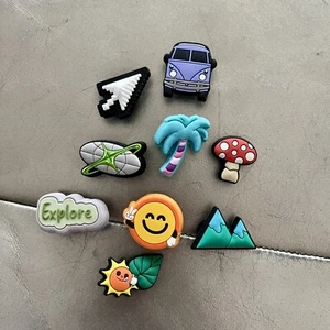 Crocs Jibbitz Charm LOT OF 9 Authentic Outdoors Hippie Travel Vacay Cyber - Picture 1 of 2
