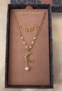 Lucky Brand Snake Stud Earrings & Moon Pendant Necklace Pearl Accents NWT - Picture 1 of 11